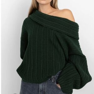 Oak And Fort Oversized Slouchy Off Shoulder Sweater Green XXS